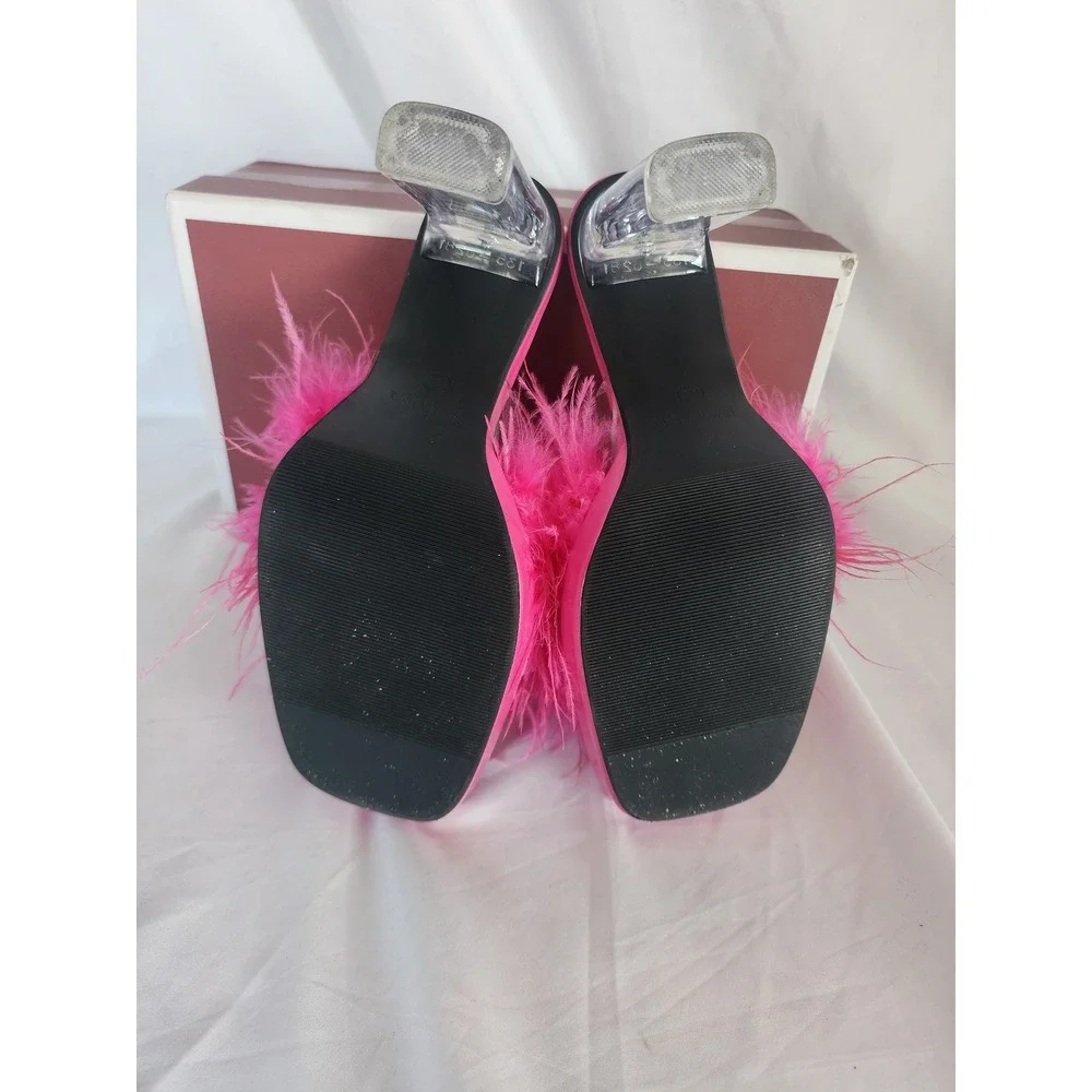 LIURUIJIA Pink Feather Platform Sandals Clear Block Heel Y2K Barbiecore Mules 39